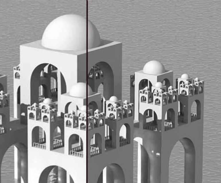 Picture of a fractal mosque - the left half has been sharpened using bicubic intrpolation, while the right half is from the Weizmann super-resolution algorithms (Photo: Weizmann Institute of Science)